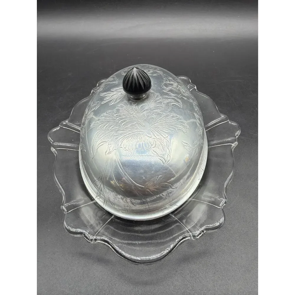 Vintage Clear Glass Butter Dish Embossed Aluminum Hibiscus Floral lid Bakelite